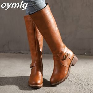 Thigh high Boots brown Women Vintage leather Square Heel Zipper knee height buckle Boot Keep Warm Round Toe Shoes British Style